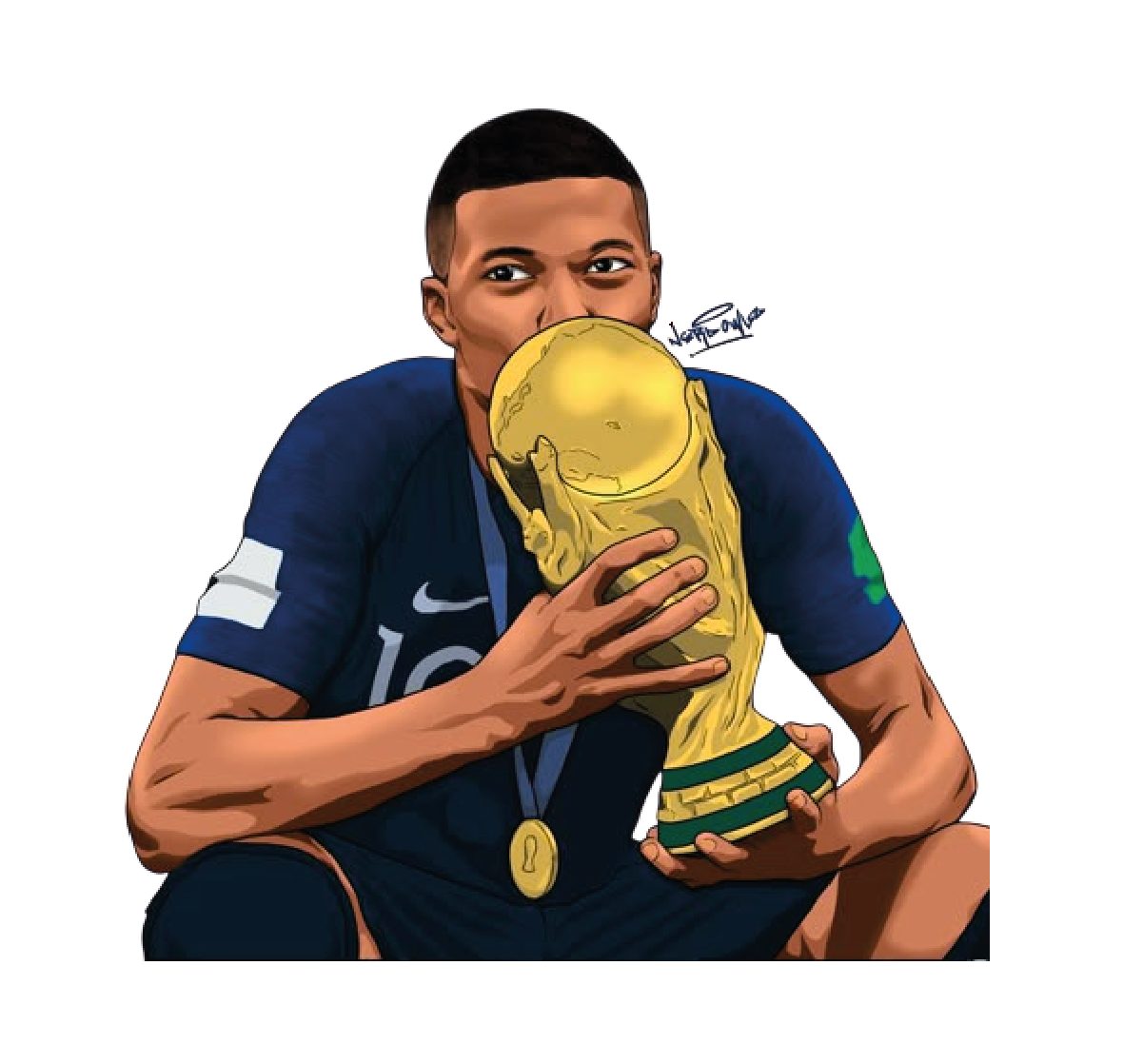 Kylian Mbappé kissing FIFA World Cup trophy illustrated sticker
