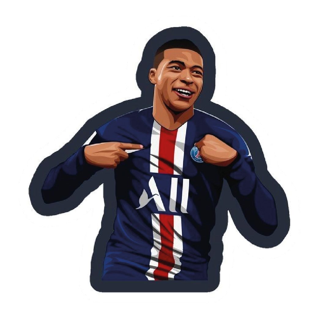 Kylian Mbappé pointing to PSG crest illustrated sticker