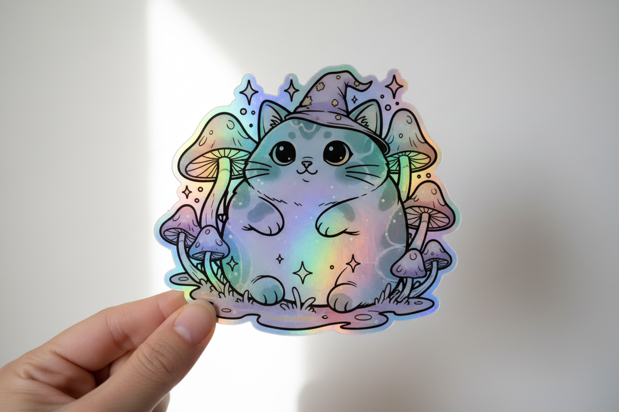 Generate a holographic vinyl sticker of the same artwork: a cute cat in a magical fantasy world with glowing mushrooms and sparkles. Keep the bold outlines and dreamy style identical to the glossy version. Add an iridescent rainbow holographic effect across the surface. Show the sticker held in a hand on a simple background. The only difference should be the holographic finish. exactly like  glossy and uv dtf