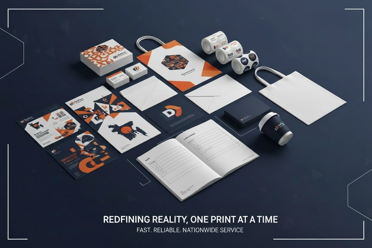 Branded business stationery (visiting cards, envelopes, stickers) on dark blue background — DotPrint Bangladesh printing services.
