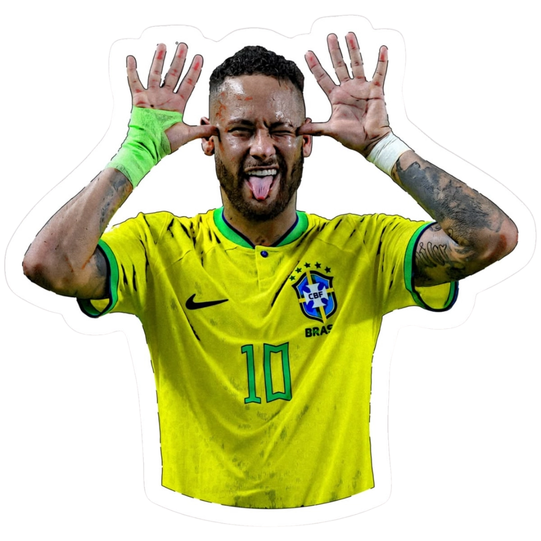 Neymar Jr. in yellow Brazil national team number 10 jersey making a celebratory gesture with hands raised, on white background