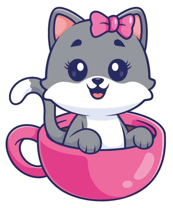 Kawaii Grey Cat Bow In Teacup Sticker