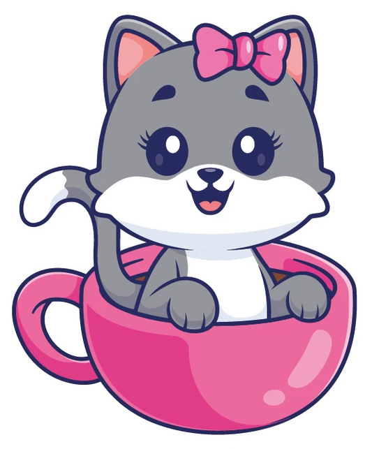 Kawaii Grey Cat Bow In Teacup Sticker
