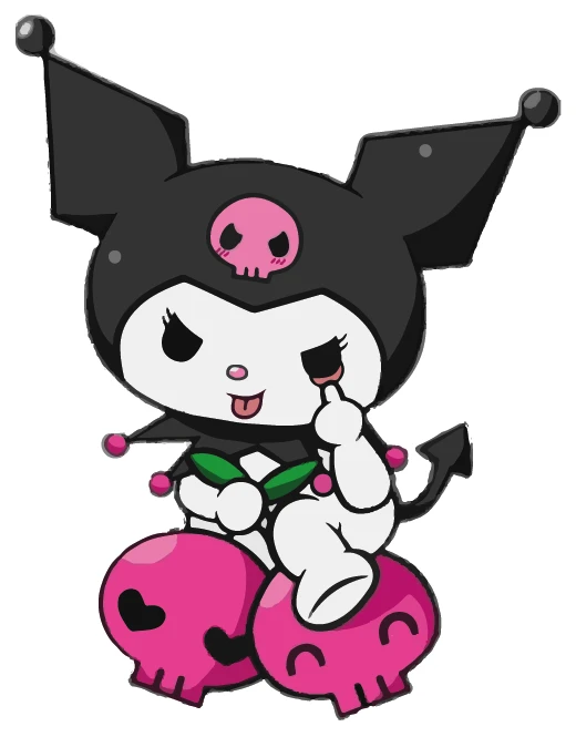 Kuromi Sitting On Pink Skulls Tongue Out Sticker