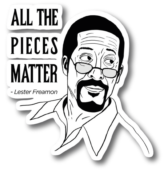 Lester Freamon portrait sticker with All The Pieces Matter quote